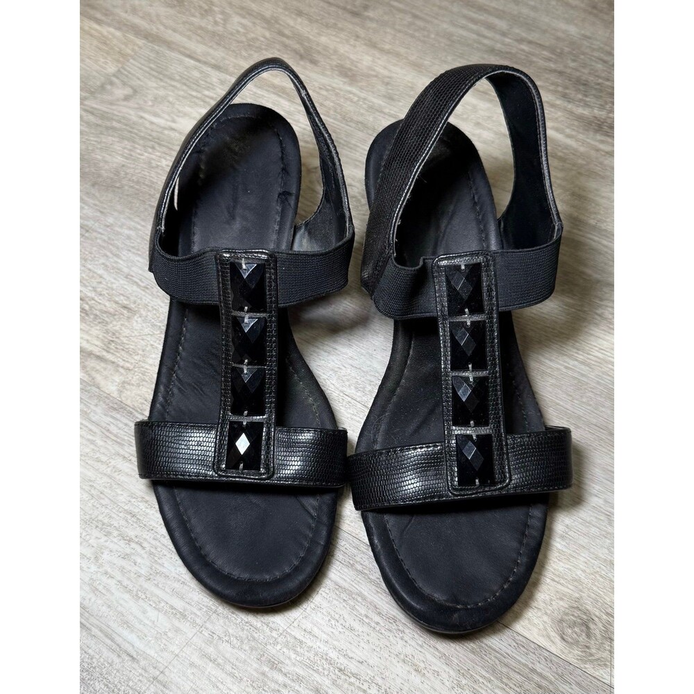 Anne Klein Sport Black AK Lofty Black Wedge Heels with Rectangle Gems - size 6.5